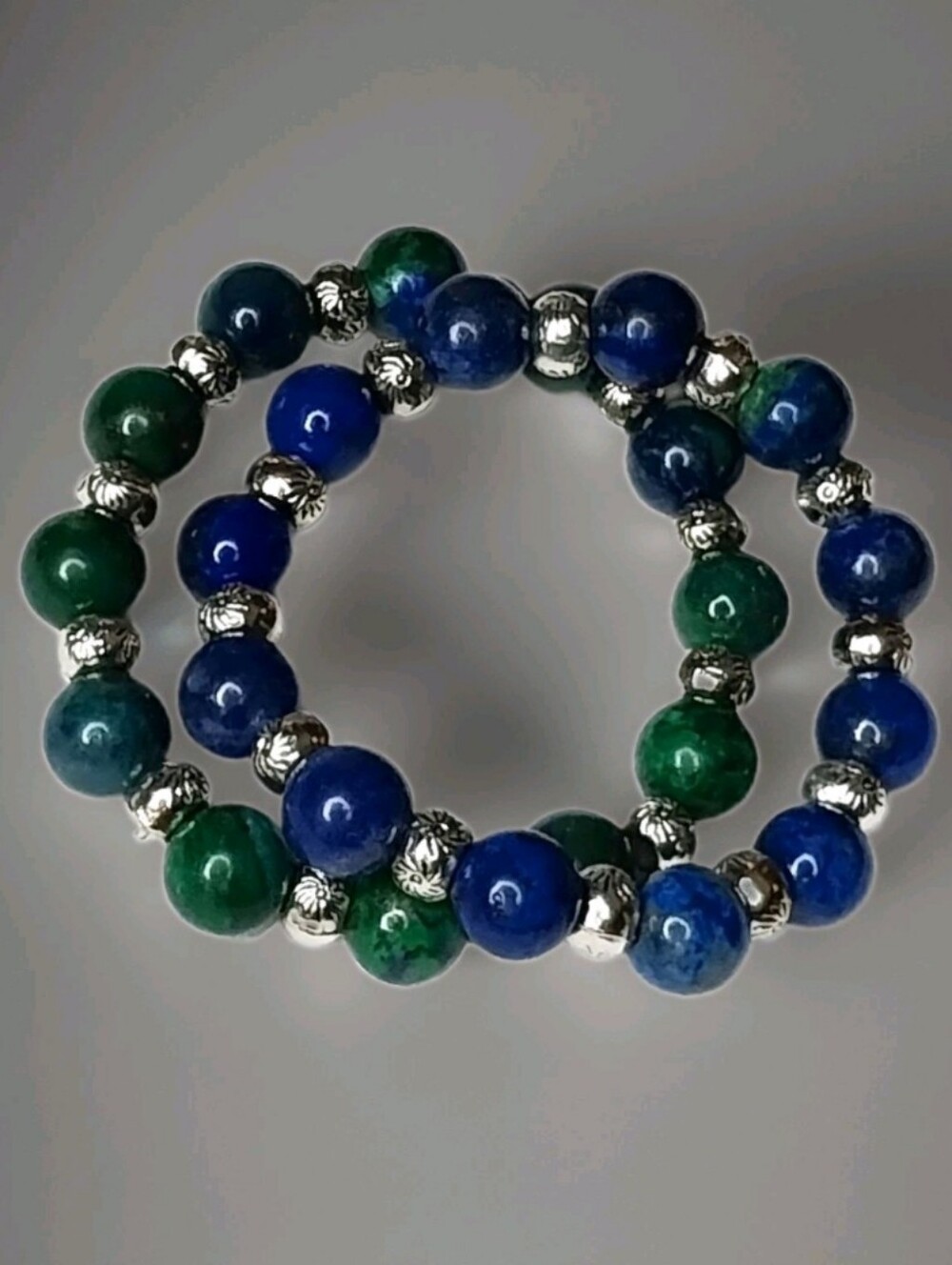 Matching Pair of Two Blue and Green Azurite Gemstone Beaded Stretch Bracelets